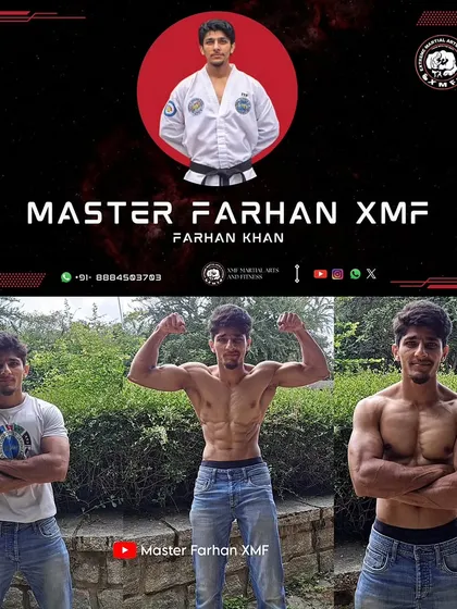 A collage showcasing my physique and credentials as a National Instructor and Black Belt.