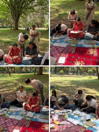 A collage showing the process of our outdoor workshop, with me providing guidance and participants focused on their work. The natural light and fresh air make for a perfect painting environment.