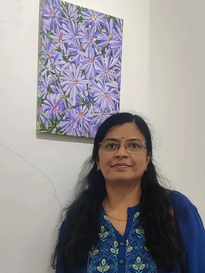 Me with my 'Purple Haze' painting at the gallery.