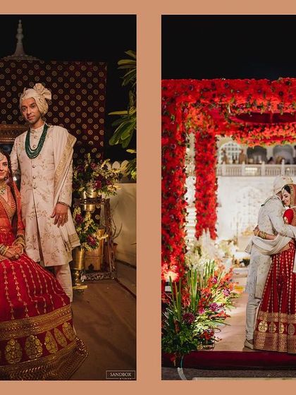 A collage celebrating the one-year anniversary of this regal wedding, showcasing the couple's portraits and the breathtaking moment of their union at the Hathi Kund.