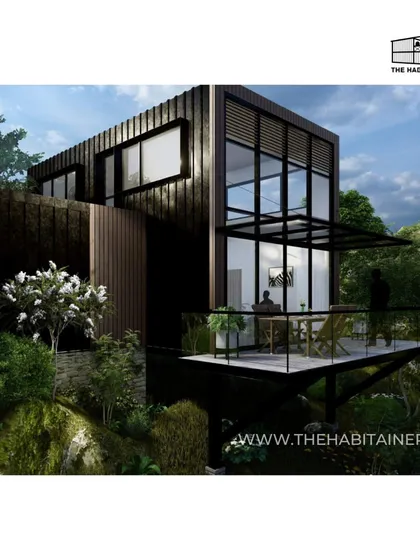 An angled render of the forest container home, highlighting its dark cladding and large windows.