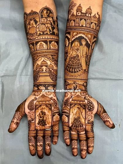 This grand bridal design features a doli procession, a couple portrait, and other wedding scenes. It's a perfect example of how we can tell your entire wedding story through mehandi.