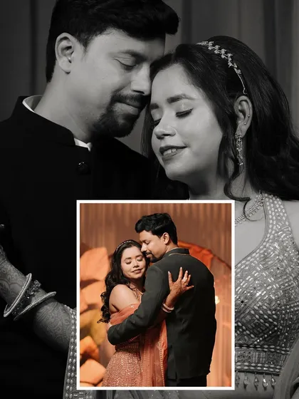 A romantic black and white collage of the engaged couple, capturing their tender and emotional connection.