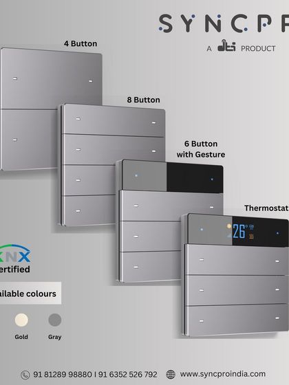 The Voice Series offers a versatile range of KNX certified panels. Available in 4, 6, or 8-button configurations, with an optional integrated thermostat, and offered in silver, gold, and grey finishes to suit any interior.