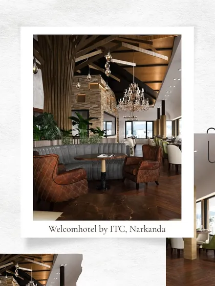 This rendering for ITC Narkanda focuses on a cozy lounge nook. The space combines plush, quilted leather armchairs with a rustic stone wall and a dramatic chandelier, creating a perfect spot for relaxation.