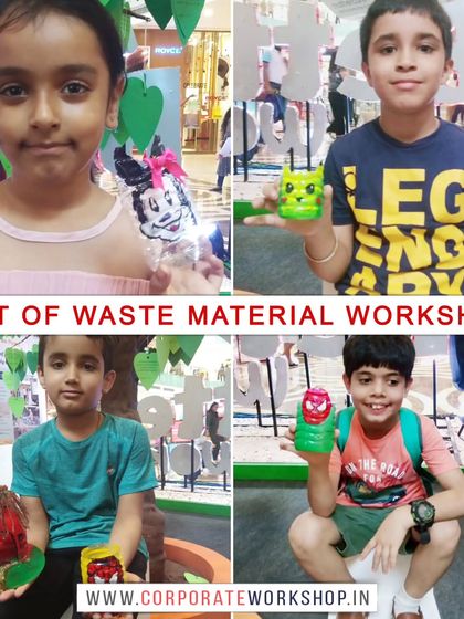 Young creators with their finished projects, like cute planters and characters made from discarded plastic bottles. Our workshops spark imagination and teach valuable lessons about reuse.