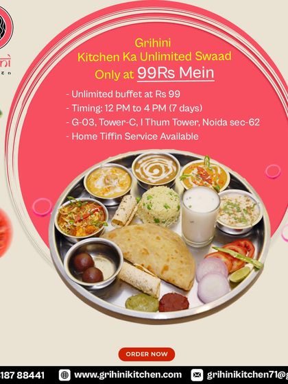 The unlimited taste of Grihini Kitchen for only Rs 99. This thali shows the complete meal you can enjoy at our I Thum Tower location.