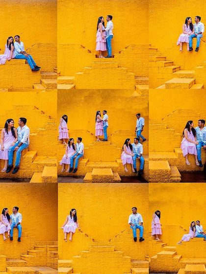 A creative collage of a pre-wedding shoot against a vibrant yellow backdrop, showcasing various poses and interactions in a dynamic format.