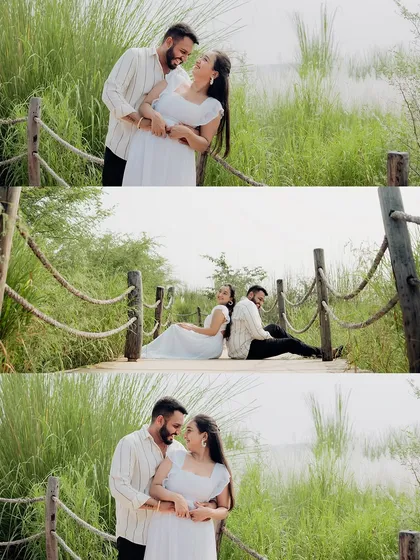 A trio of images capturing different angles of a couple's romantic moments on a wooden walkway, surrounded by nature.
