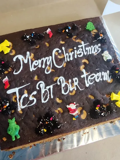 We love being a part of team celebrations, big or small. Here's a giant Christmas-themed plum cake we baked for the team at TCS in Bangalore. We can handle large-scale orders to ensure everyone gets a slice of happiness.