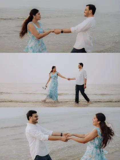 A collage of a couple holding hands and spinning on the beach. These photos of Jayashree and Anand showcase the playful and romantic moments of their day by the sea.