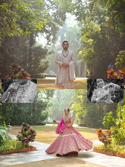 A collage of the couple's portraits, showcasing their regal wedding attire and the beautiful natural surroundings of the venue.