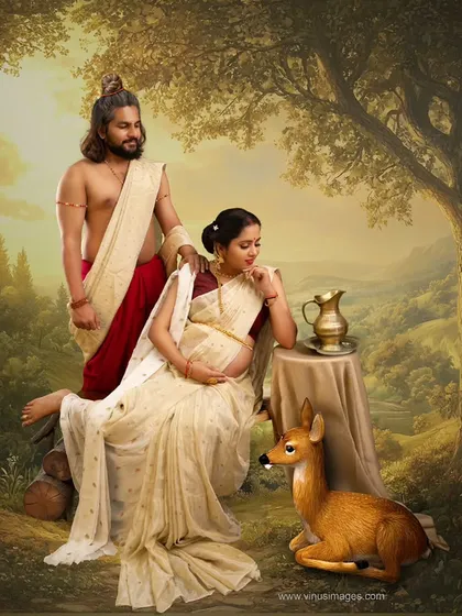 I transform your maternity journey into a piece of art that feels like it's straight out of a classic painting. This Ram-Sita inspired portrait captures the divine love and anticipation of parenthood, blending heritage with your personal story.