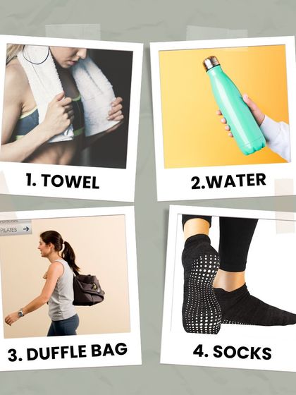 Your ultimate checklist for a great Pilates session: a towel, water, a bag for your things, and of course, grippy socks.