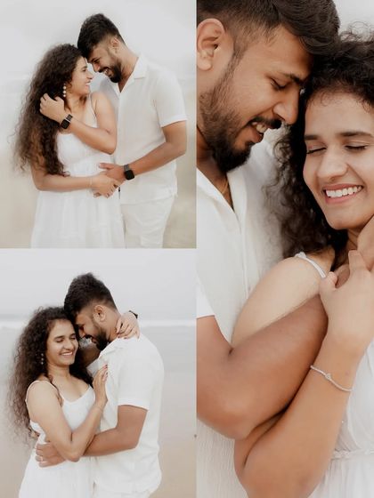A collage of a couple in white, capturing their tender and happy moments on a beach.