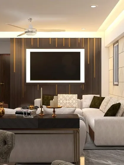 Another angle from the same 3D living room concept. This view highlights the combination of a dark wood TV panel with gold accents and a light-colored geometric wall, creating a balanced and sophisticated look.