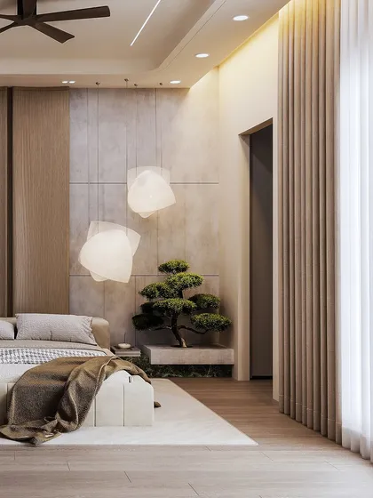 A master bedroom with a serene, Zen-like quality. The render focuses on the bonsai tree and the textured wall panels, creating a connection to nature.