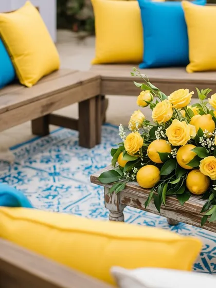 A comfortable and stylish seating area with wooden benches, bright blue and yellow cushions, and a patterned rug. The centerpiece is a wooden planter filled with yellow roses and lemons.