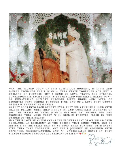 The sacred jaimala exchange, framed with a beautiful narrative of the couple's love story. This image captures the tradition and the personal commitment of the moment.