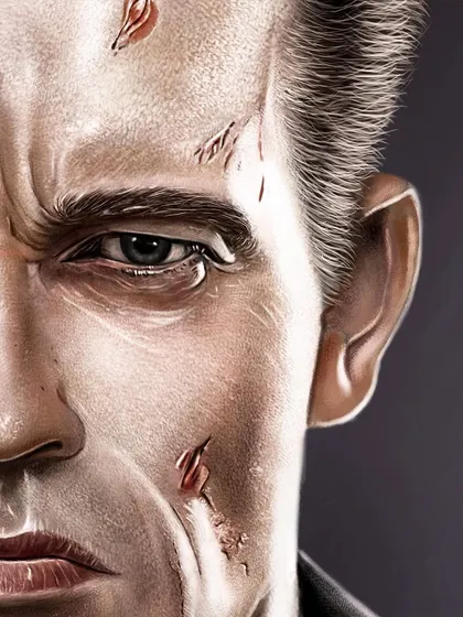 A close-up on the human side of the Terminator's face. This shows the detailed skin texture, the cuts and scrapes, and the intense expression I worked to capture.