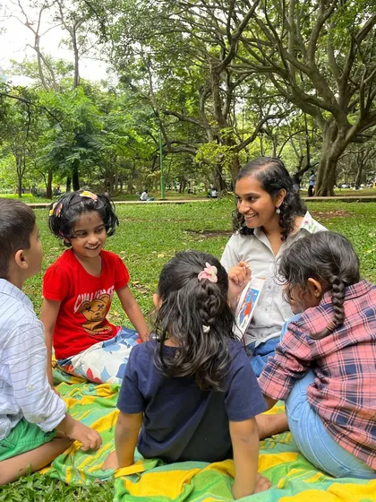 Our co-curator Ayushi leads a session, her expressive style captivating the young audience. Having two storytellers brings variety and fresh energy to Cubbon Tales.