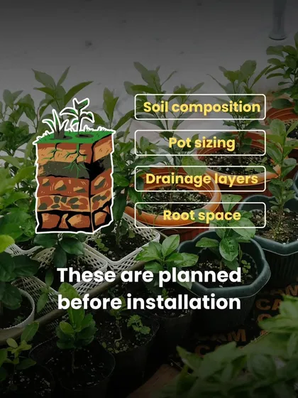 The details are planned before installation. We determine the right soil composition, pot sizing, drainage layers, and root space required for each plant to ensure a strong foundation for growth.