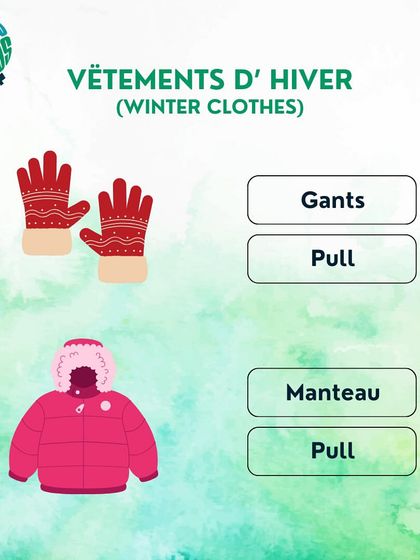 More winter clothes vocabulary. Here you can see 'gants' (gloves) and a 'manteau' (coat), essential items for the cold weather.