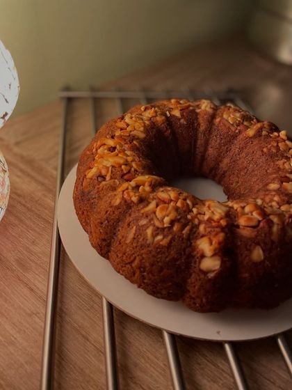 Another angle of the banana cinnamon nuts bundt, a perfect tea cake that's both wholesome and delicious.