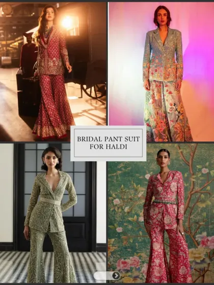 A bridal pantsuit is a bold and powerful choice for a Haldi ceremony. It's comfortable, stylish, and allows you to move freely while still looking incredibly chic.
