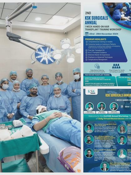 This collage showcases the complete experience of our annual workshop: hands-on training, a group photo with the patient, and promotional material detailing the expert faculty and program highlights.