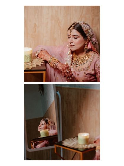 The quiet beauty of a home-based Nikkah ceremony. This portrait of the bride looking in the mirror captures a moment of reflection.