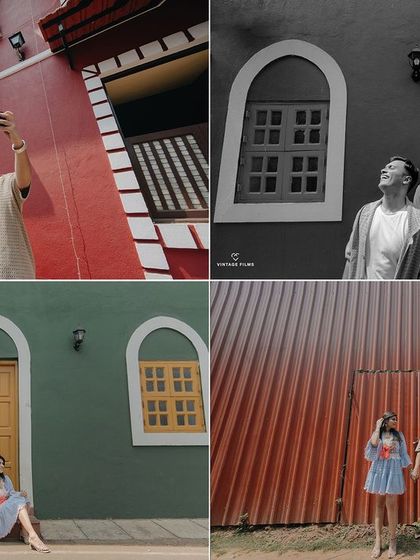 Exploring the colorful streets of Goa. This collage highlights the vibrant architecture and playful spirit of a pre-wedding shoot in the Latin Quarter.
