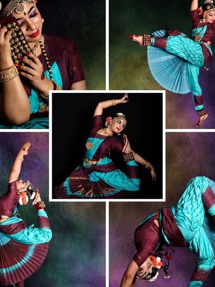 A visual exploration of advanced Bharatanatyam postures. This collage displays the incredible flexibility, balance, and control our senior students achieve through years of dedicated practice and expert guidance from our gurus.