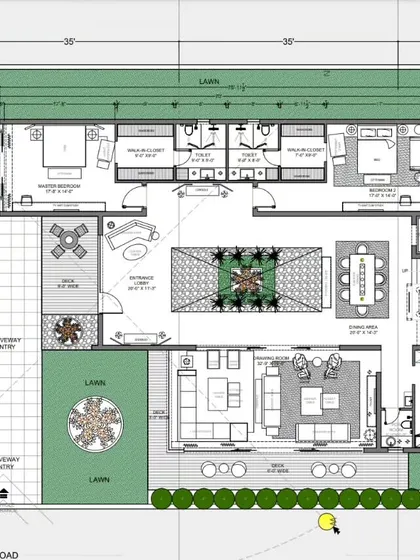 Meticulous planning is the foundation of every project. This is a detailed architectural floor plan for a farmhouse, showing the precise layout of rooms, furniture placement, and outdoor spaces to optimize flow and functionality.