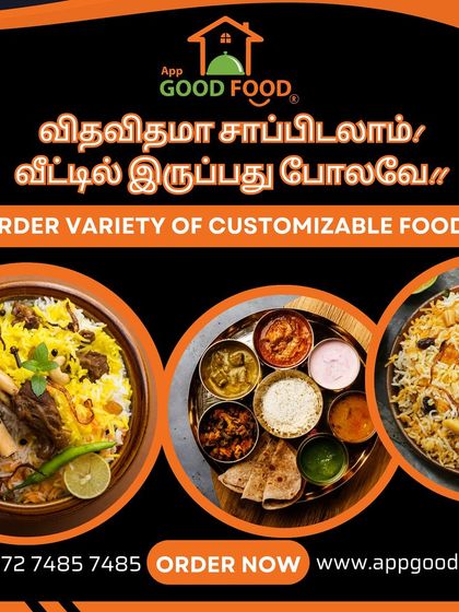 Eat a variety of customizable foods, just like at home. This image in Tamil showcases our biryani and thali options.
