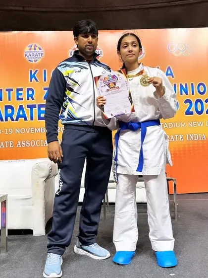 With Kaira Bharadwaj, our gold medalist in the Sub-Juniors -45kg category at the All India Inter-Zonal championship.