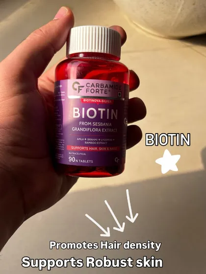 To support hair density and robust skin, I include Biotin in my supplement routine. This one from Carbamide Forte is derived from natural extracts and helps fill any nutritional gaps in my diet.