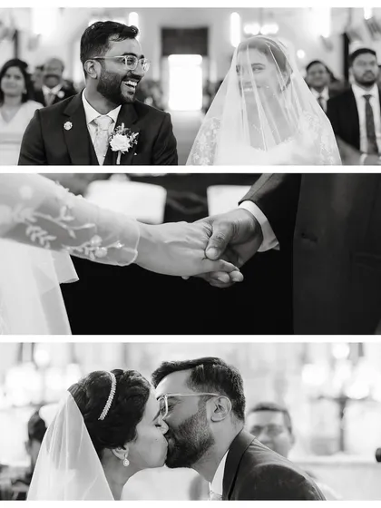 A collage of key ceremony moments in black and white: the couple's loving glance, holding hands, and their first kiss as husband and wife.
