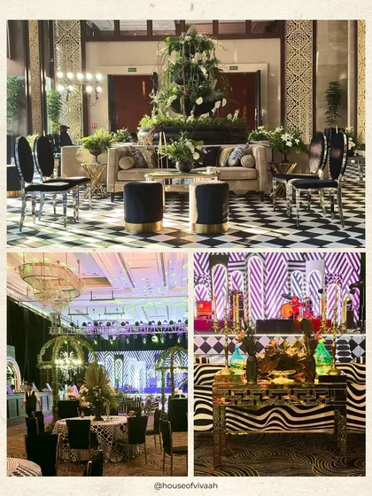 A collage of the black and white themed cocktail party, showing the checkerboard lounge, the geometric stage design, and the vibrant, pattern-heavy tablescapes.