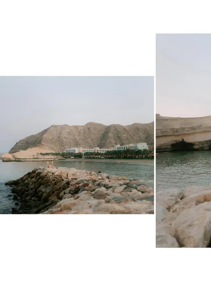 The stunning landscape of Oman, where the mountains meet the sea. We often begin our destination shoots by capturing the location to set the stage for the story.
