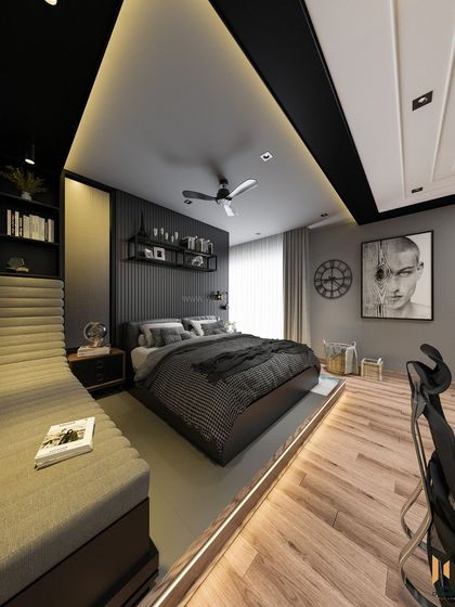 Another angle of the multi-zone bedroom, highlighting the comfortable chaise lounge by the bed.
