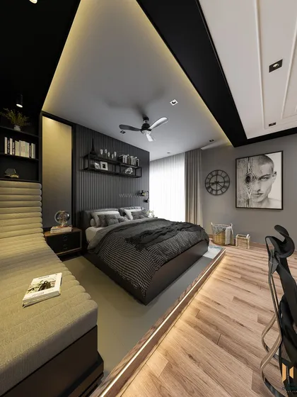 Another angle of the multi-zone bedroom, highlighting the comfortable chaise lounge by the bed.