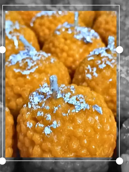A close-up of our motichoor ladoo candles, complete with the silver vark that makes them look so real. It’s one of our bestsellers for festivals, bringing so much sweetness and light.