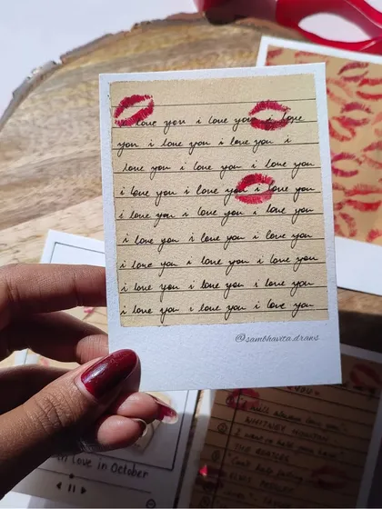 A close-up of a Valentine's themed polaroid, with "I love you" written over and over and stamped with a kiss. It’s a simple, heartfelt declaration of love.