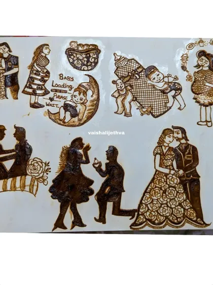 We also cover storytelling through mehndi. This sheet includes designs for special occasions like baby showers and romantic proposal scenes.
