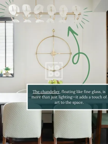 This chandelier, floating like fine glass, is more than just lighting. It's a piece of art that adds a touch of sophistication and grace to the dining space.