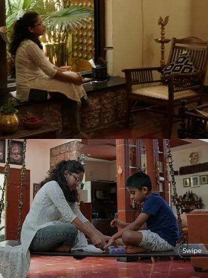 A collage showing residents enjoying the home, from a quiet moment by the window to a mother and son playing a game on the indoor swing.