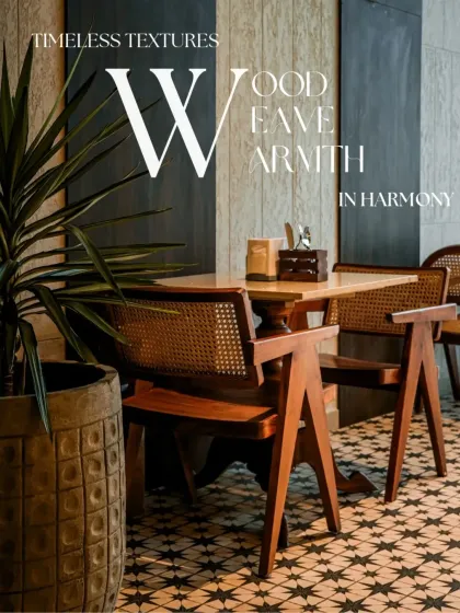 Timeless textures define this cafe corner. We paired classic rattan-weave chairs with a bold patterned tile floor and lush greenery to create a space that feels both harmonious and visually engaging.