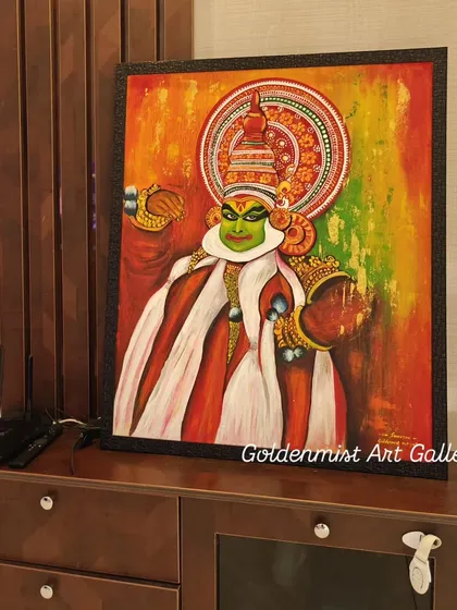 This Kathakali painting is resting on a console, showing how it can become a statement piece in your living room. In the background, you can see my little one and another Buddha painting.