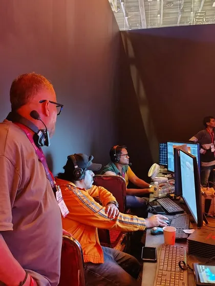 The nerve center of our virtual production setup. This shot shows our technical operators at their stations, managing the Unreal Engine graphics, camera tracking, and LED wall controls during a live demonstration.